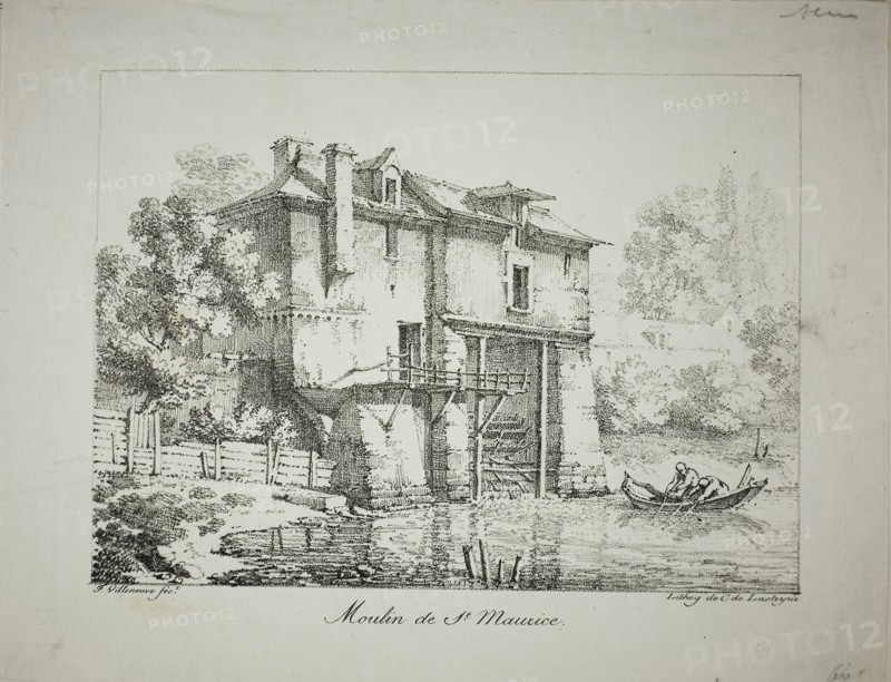 Mill at St. Maurice, 1824/27, Louis Jules Frederic Villeneuve (French, 1796-1842), printed by Comte de Charles Philibert Lasteyrie du Saillant (French, 1759-1849), France, Lithograph in black on ivory laid paper, 136 × 186 mm (image), 182 × 234 mm (sheet)