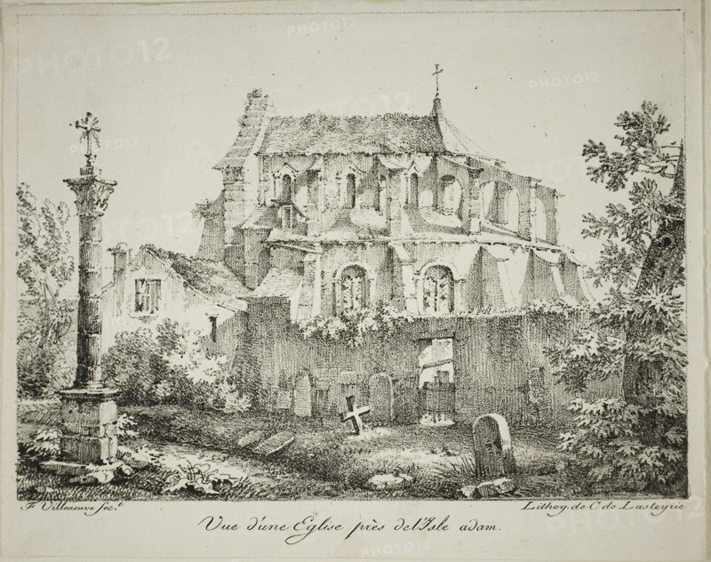 View of a Church Near l’Isle-Adam, 1819, Louis Jules Frederic Villeneuve (French, 1796-1842), printed by Comte de Charles Philibert Lasteyrie du Saillant (French, 1759-1849), France, Lithograph in black on ivory laid paper, tipped onto cream laid paper, 133 × 182 mm (image), 153 × 190 mm (primary support), 243 × 314 mm (secondary support)