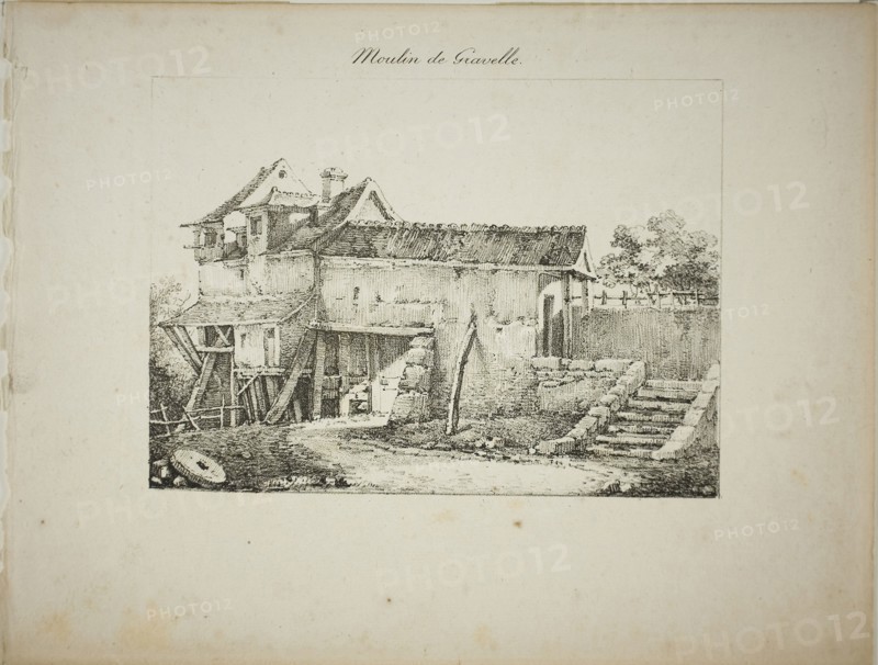 Mill at Gravelle, II, 1824/27, Louis Jules Frederic Villeneuve (French, 1796-1842), printed by Comte de Charles Philibert Lasteyrie du Saillant (French, 1759-1849), France, Lithograph in black on ivory laid paper, 135 × 185 mm (image), 217 × 284 mm (sheet)