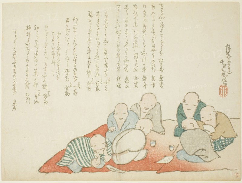 Meeting of a Poetry Club, c. 1860, Fujii Teisa, Japanese, 1802-1869, Japan, Color woodblock print, surimono, 24.1 x 18.3 cm