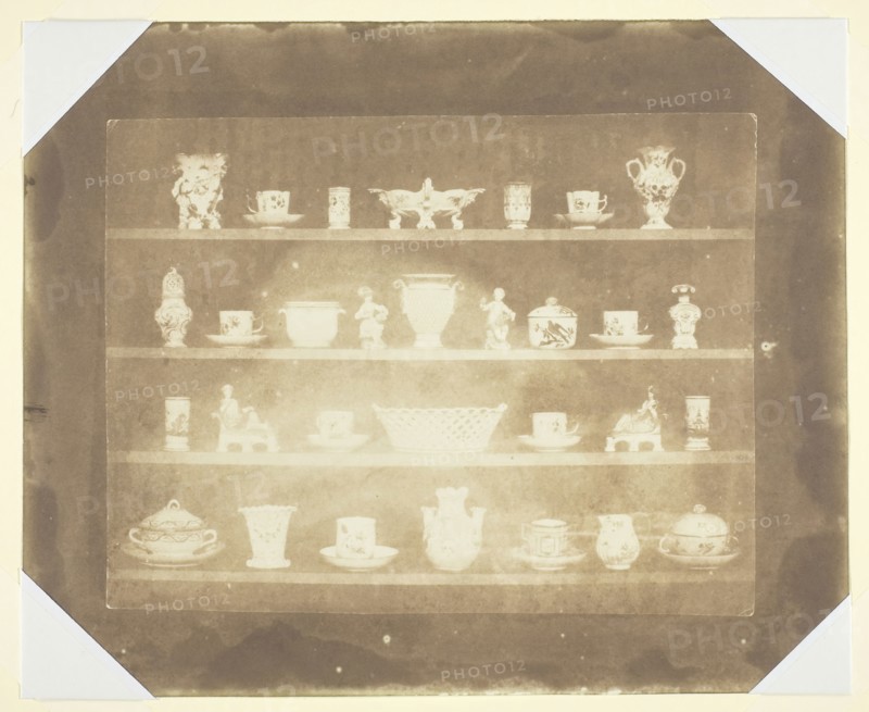 Articles of China on Four Shelves, c. 1844, William Henry Fox Talbot, English, 1800–1877, England, Salted paper print, 13.7 × 18.1 cm (image), 18.9 × 23.1 cm (paper)