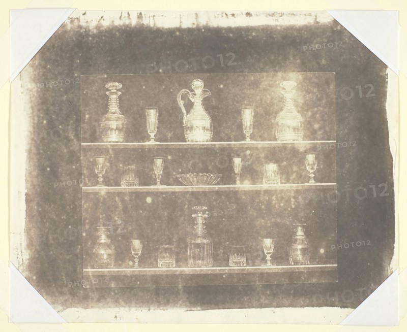 Articles of Glass on Three Shelves, c. 1844, William Henry Fox Talbot, English, 1800–1877, England, Salted paper print, 12.7 × 15.2 cm (image), 18.7 × 23.2 cm (paper)