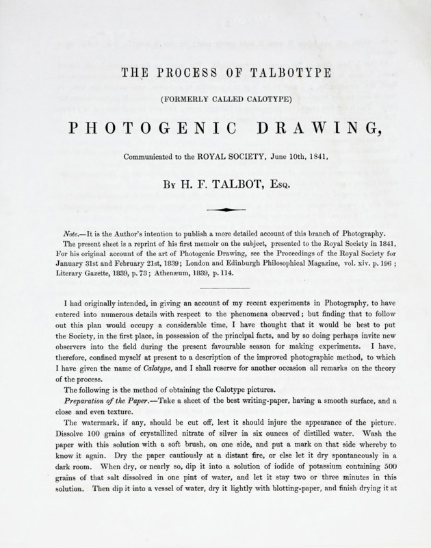The Process of Talbotype (formerly called Calotype) Photogenic Drawing, Communicated to the Royal Society, June 10, 1841, William Henry Fox Talbot, English, 1800–1877, England, Four pages of unbound text (approximately 2500 words), printed by J. & H. Cox Brothers, 22.5 × 18 cm