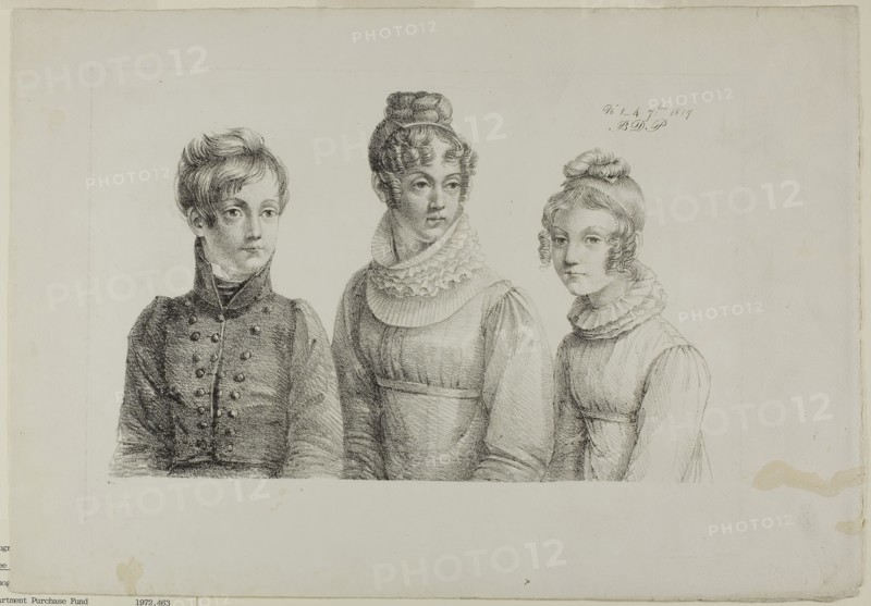 Portrait of Three Adolescents, 1817, Monogrammist B.D.P., possibly French, 18th-19th century, France, Lithograph in black on ivory wove paper, 190 × 295 mm (image), 286 × 416 mm (sheet)
