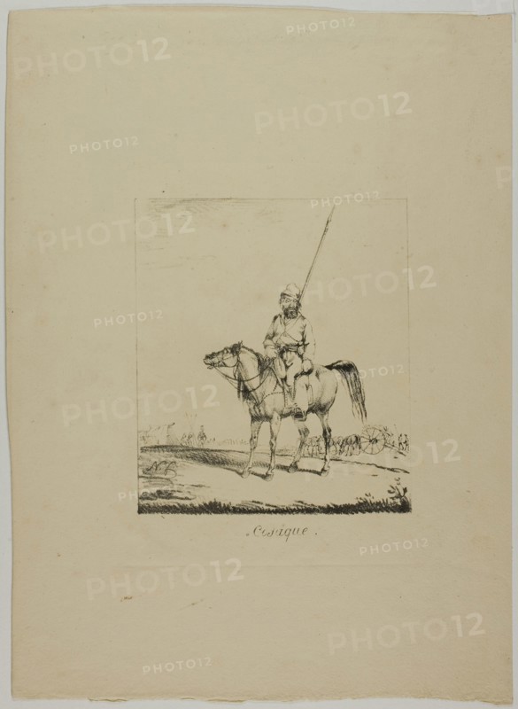 A Cossack, n.d., Monogrammist N.D., possibly French, 18th-19th century, France, Lithograph in black on tan wove paper, 141 × 123 mm (image), 310 × 224 mm (sheet)