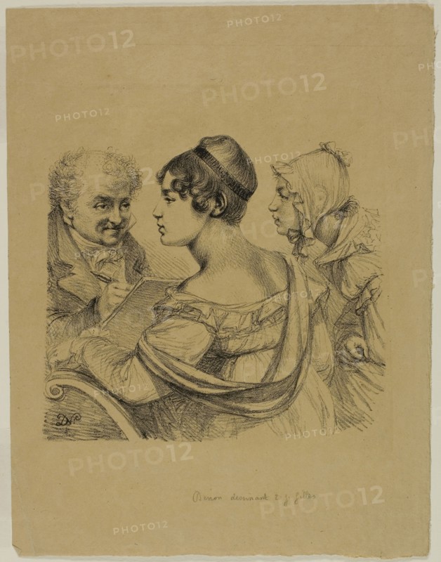 Self-Portrait with Two Young Ladies, c. 1816–17, Dominique-Vivant Denon, French, 1747-1825, France, Lithograph in black on tan wove paper, 166 × 186 mm (image), 299 × 227 mm (sheet)
