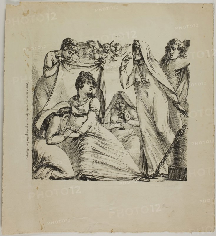 Love Tormented by Considerations Great and Small, 1817–20, Dominique-Vivant Denon, French, 1747-1825, France, Lithograph (pen and ink style and crayon style) in black on cream wove paper, 231 × 244 mm (image), 362 × 335 mm (sheet)