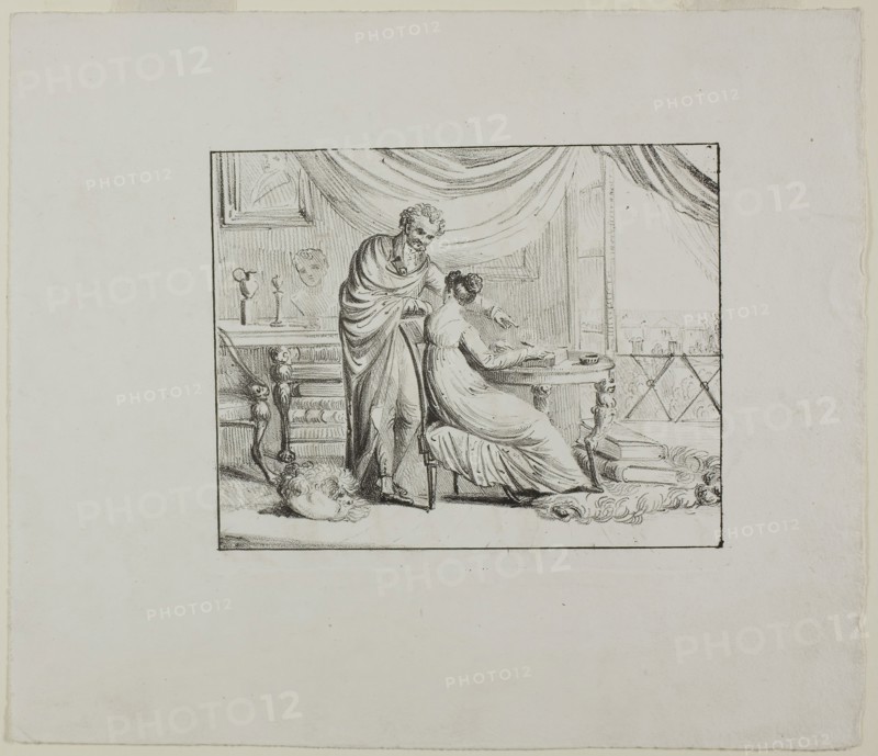 Denon Instructing a Young Woman Drawing on a Lithographic Stone, c. 1820, Dominique-Vivant Denon, French, 1747-1825, France, Lithograph in black on white wove paper, 123 × 160 mm (image), 233 × 265 mm (sheet)