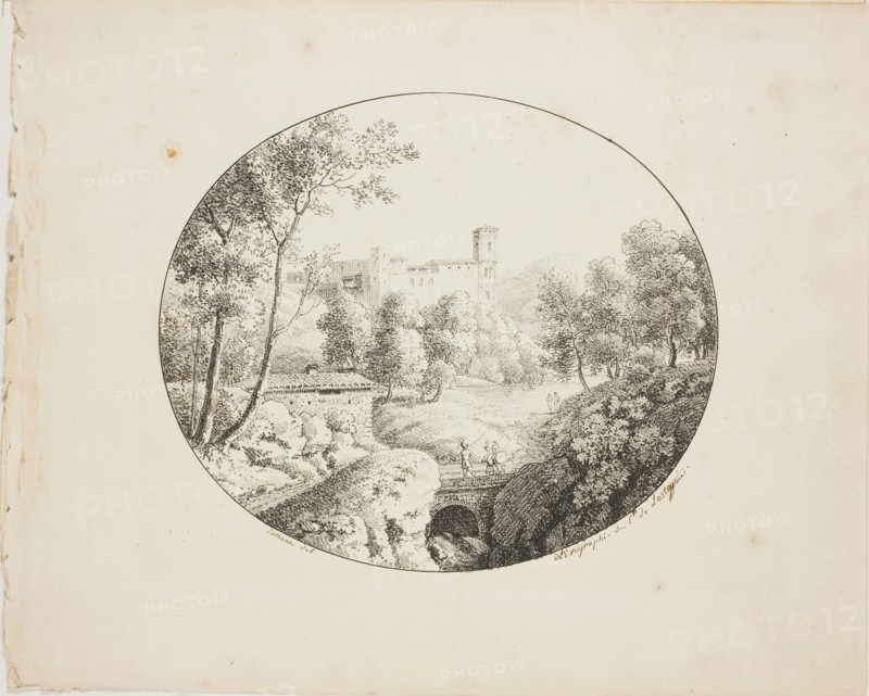 Landscape in an Oval, 1817–21, Lameau (French, active 1803-1822), printed by Comte de Charles Philibert Lasteyrie du Saillant (French, 1759-1849), France, Lithograph in black on ivory wove paper, 147 × 171 mm (image), 214 × 265 mm (sheet)
