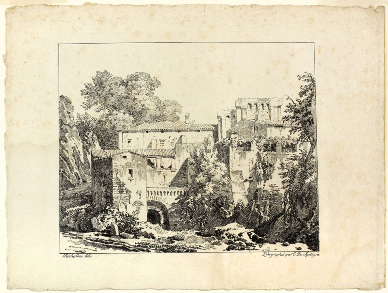Landscape with Ruins and Viaduct, 1817, Achille Etna Michallon (French, 1796-1822), printed by Comte de Charles Philibert Lasteyrie du Saillant (French, 1759-1849), France, Lithograph in black on ivory laid paper, 195 × 241 mm (image), 266 × 354 mm (sheet)
