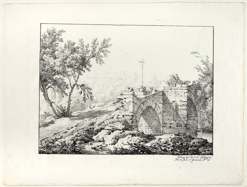 Landscape with Bridge, 1817, Achille Etna Michallon (French, 1796-1822), printed by Comte de Charles Philibert Lasteyrie du Saillant (French, 1759-1849), France, Lithograph in black on ivory wove paper, 193 × 258 mm (image), 270 × 359 mm (sheet)
