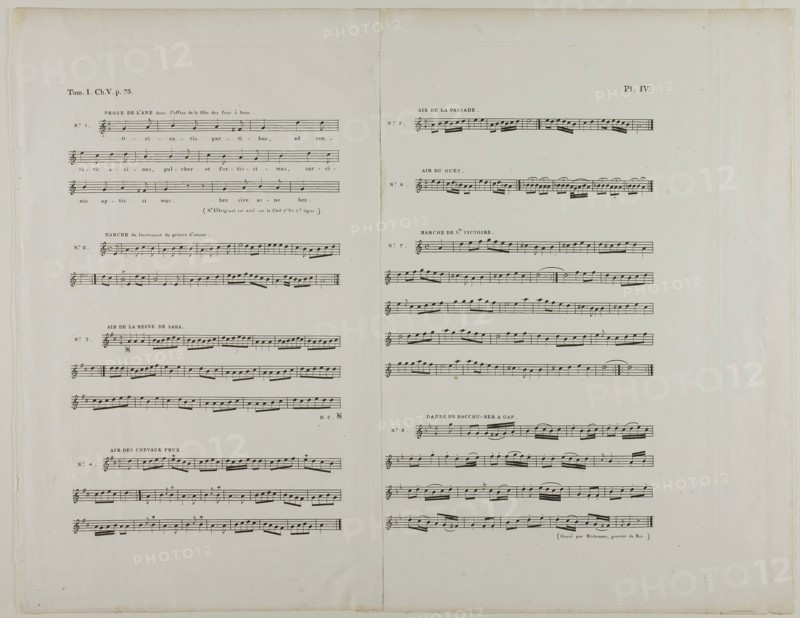Music for the Donkey in the Office of the Feast of Fools, 1807–08, Aubin-Louis Millin (French, 19th Century), Jules Théodore Richomme (French, 1785-1849), France, Etching in black on two pieces of ivory laid paper attached to each other along one side, 225 × 287 mm (image), 277 × 345 mm (plate), 297 × 384 mm (sheet)