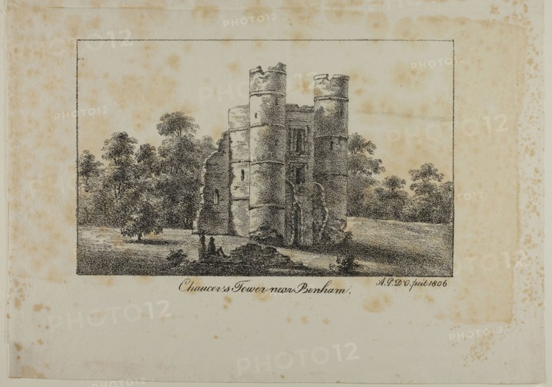 Chaucer’s Tower Near Benham, 1806, Antoine Philippe d’Orléans, French, 1775-1807, France, Two lithographs in black on cream wove paper, printed on the same sheet, 161 × 258 mm (image), 485 × 367 mm (sheets)