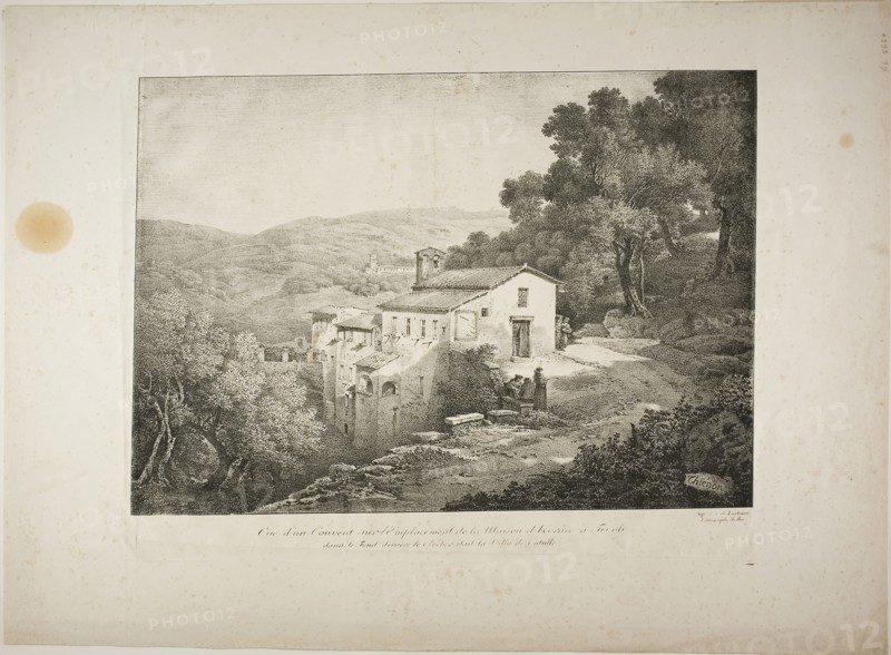 View of a Convent on the Site of the House of Horace, c. 1817, Claude Thiénon (French, 1772-1846), printed by Comte de Charles Philibert Lasteyrie du Saillant (French, 1759-1849), France, Lithograph in black on ivory wove paper, 282 × 398 mm (image), 421 × 573 mm (sheet)