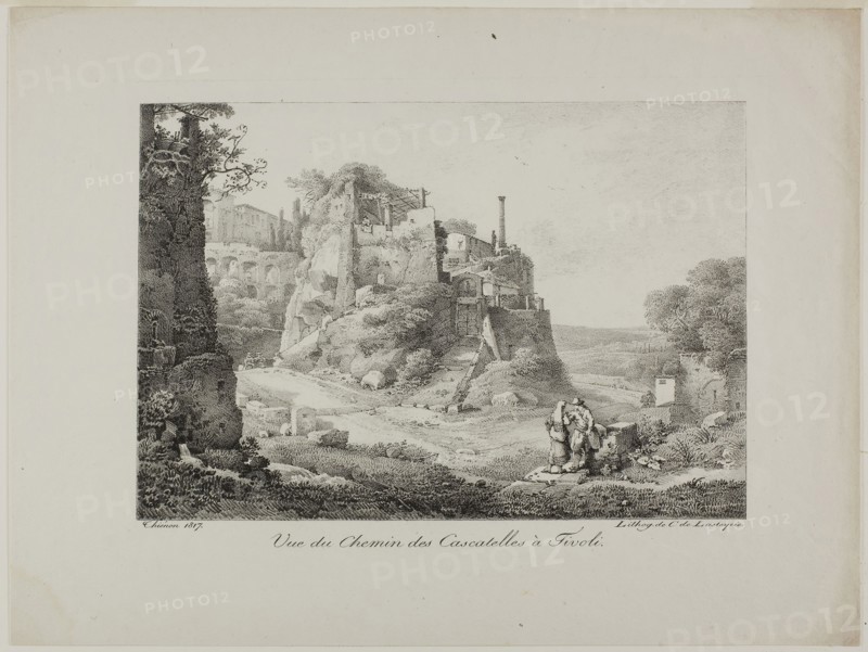 View of the Road from Cascatelles to Tivoli, 1817, Claude Thiénon (French, 1772-1846), printed by Comte de Charles Philibert Lasteyrie du Saillant (French, 1759-1849), France, Lithograph in black on ivory wove paper, 175 × 255 mm (image), 268 × 357 mm (sheet)