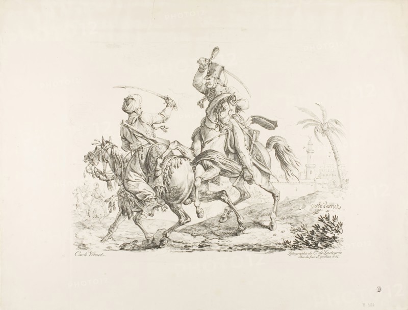 Hussard Killing a Mameluk with a Sabre, February 8, 1817, Carle Vernet (French, 1758-1836), printed by Comte Charles Philibert de Lasteyrie (French, 1759-1849), France, Lithograph in black on ivory wove paper, 313 × 402 mm (image), 457 × 599 mm (sheet)
