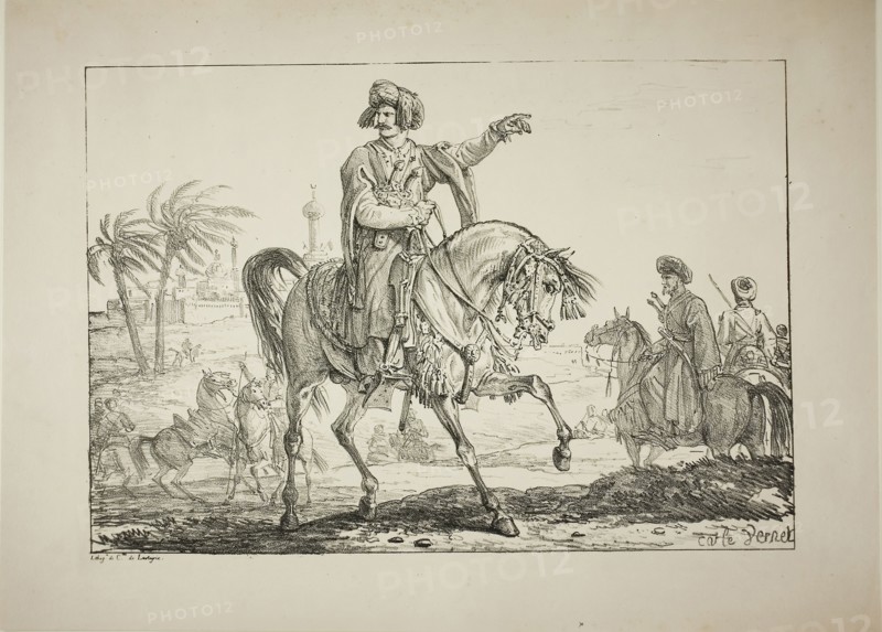 Chief Mameluk, c. 1817, Carle Vernet (French, 1758-1836), printed by Comte Charles Philibert de Lasteyrie (French, 1759-1849), France, Lithograph in black on buff wove paper, 248 × 359 mm (image), 322 × 447 mm (sheet)
