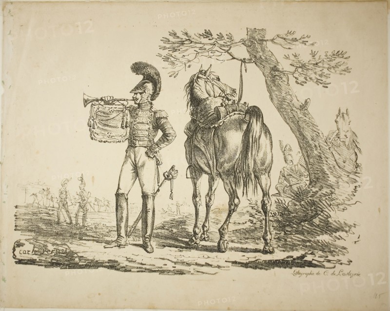 Trumpeter of the Riflemen, March 26, 1817, Carle Vernet (French, 1758-1836), printed by Comte de Charles Philibert Lasteyrie du Saillant (French, 1759-1849), France, Lithograph in black on tan wove paper, 230 × 320 mm (image), 284 × 357 mm (sheet)