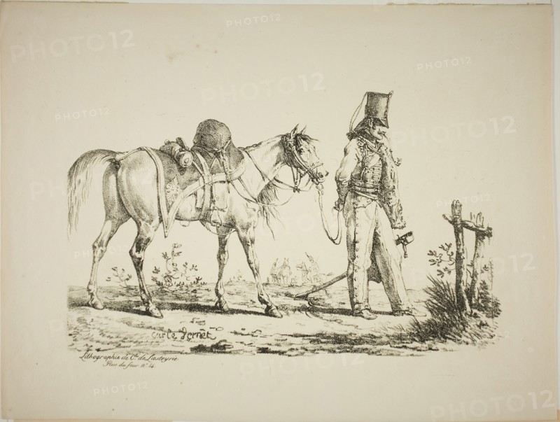 Hussard Walking in Front of his Horse, Smoking a Pipe, February 8, 1817, Carle Vernet (French, 1758-1836), printed by Comte de Charles Philibert Lasteyrie du Saillant (French, 1759-1849), France, Lithograph in black on cream wove paper, 175 × 289 mm (image), 276 × 366 mm (sheet)