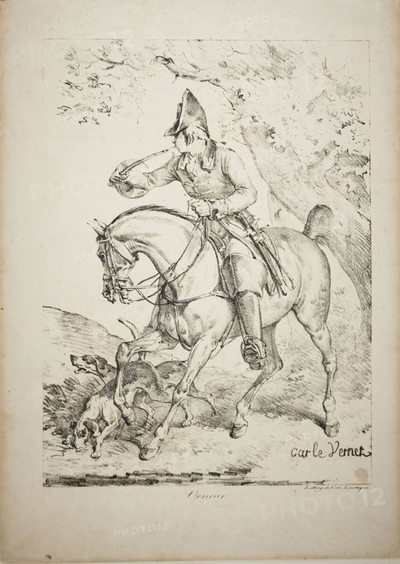 Mounted Huntsman Sounding a Horn, c. 1818, Carle Vernet (French, 1758-1836), printed by Comte de Charles Philibert Lasteyrie du Saillant (French, 1759-1849), France, Lithograph in black on ivory wove paper, 301 × 221 mm (image), 379 × 272 mm (sheet)