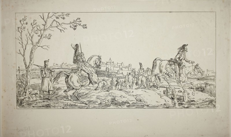 The Siege, November 1817, Carle Vernet (French, 1758-1836), printed by Comte de Charles Philibert Lasteyrie du Saillant (French, 1759-1849), France, Llithograph on ivory laid paper, 160 × 334 mm (image), 228 × 382 mm (sheet)