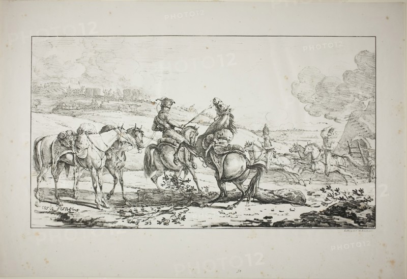 Mounted Artilleryman with Three Horses Bridled at Once, 1817, Carle Vernet (French, 1758-1836), printed by Comte Charles Philibert de Lasteyrie (French, 1759-1849), France, Lithograph in black on ivory wove paper, 238 × 428 mm (image), 342 × 505 mm (sheet)