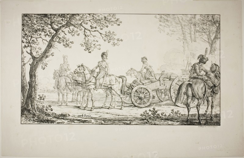 Harnessed Artillery, 1817, Carle Vernet (French, 1758-1836), printed by Comte de Charles Philibert Lasteyrie du Saillant (French, 1759-1849), France, Lithograph in black on ivory wove paper, 234 × 421 mm (image), 331 × 513 mm (sheet)