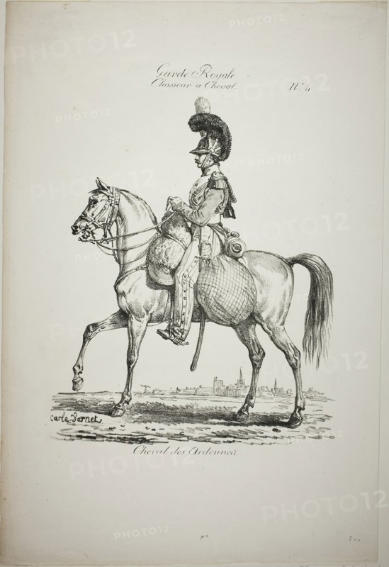 Royal Guard, Norman Mounted Light Infantryman and Horse, No. 4, c. 1818, Carle Vernet (French, 1758-1836), printed by Comte de Charles Philibert Lasteyrie du Saillant (French, 1759-1849), France, Lithograph in black on ivory wove paper, 265 × 204 mm (image), 486 × 290 mm (sheet)