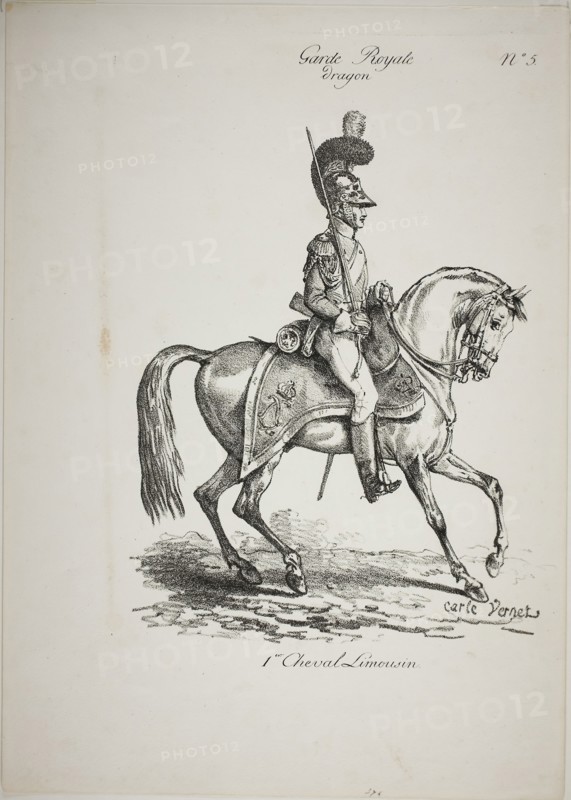 Royal Guard, Norman Mounted Dragoon and Horse, No. 5, First Limoges Horse, c. 1818, Carle Vernet (French, 1758-1836), printed by Comte de Charles Philibert Lasteyrie du Saillant (French, 1759-1849), France, Lithograph in black on ivory wove paper, 254 × 204 mm (image), 377 × 269 mm (sheet)