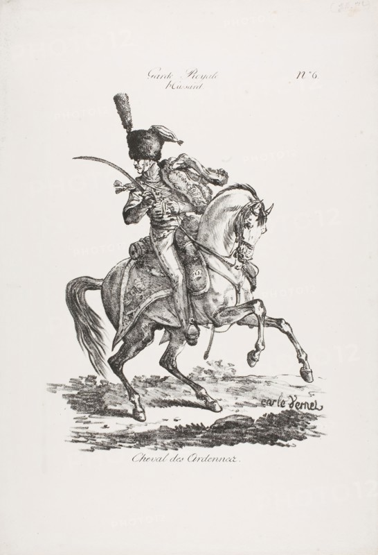 Royal Guard, Mounted Hussard and Horse No. 6, c. 1818, Carle Vernet (French, 1758-1836), printed by Comte Charles Philibert de Lasteyrie (French, 1759-1849), France, Lithograph in black on ivory wove paper, 272 × 213 mm (image), 425 × 294 mm (sheet)