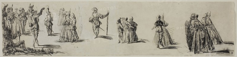 Sketches of Ladies and Gentlemen, Dancers, n.d., Imitator of Jean Antoine Watteau, French, 1684-1721, France, Pen and black ink on ivory laid paper, 64 × 272 mm