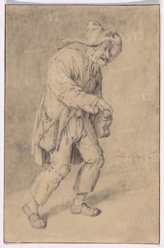 Hurdy-Gurdy Player, 1695, Cornelis Dusart, Dutch, 1660-1704, Holland, Pen and black ink, with black chalk and touches of black crayon, on cream Japanese paper, 177 x 115 mm