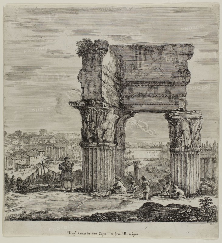 Temple of Concordia and the Roman Forum, 1654, Stefano della Bella, Italian, 1610-1664, Italy, Etching on ivory laid paper, 288 x 269 mm (image), 294 x 272 mm (sheet)