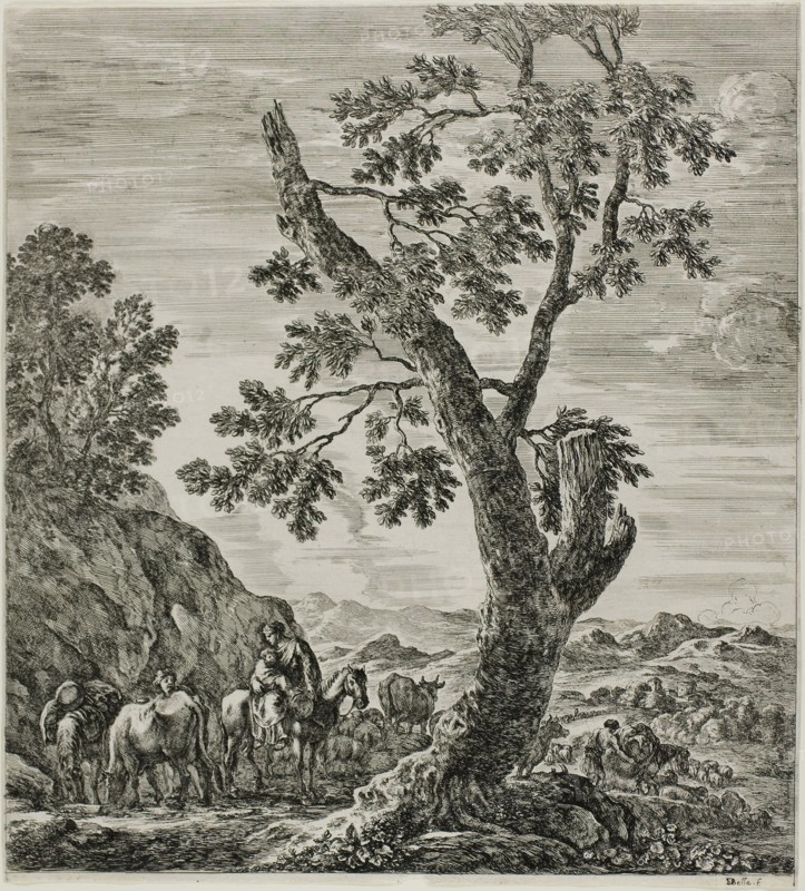 Mounted Peasant with a Child in Her Arms, plate six from The Six Large Views of Rome and the Campagna, 1654, Stefano della Bella, Italian, 1610-1664, Italy, Etching on ivory laid paper, 291 x 263 mm (image), 292 x 261 mm (sheet)