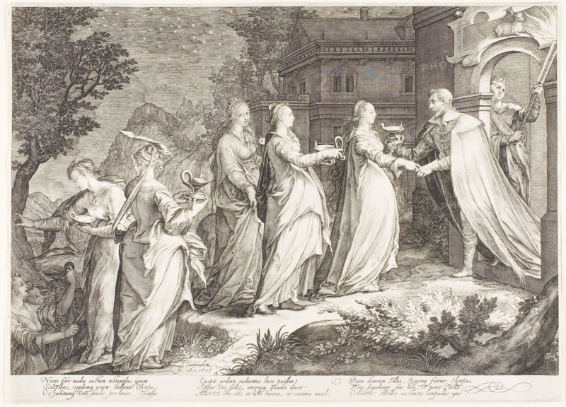 Plate Four, from Five Wise and Five Foolish Virgins, 1606, Jan Saenredam, Netherlandish, 1565-1607, Netherlands, Engraving on paper, 266 x 369 mm (sheet, trimmed to platemark)