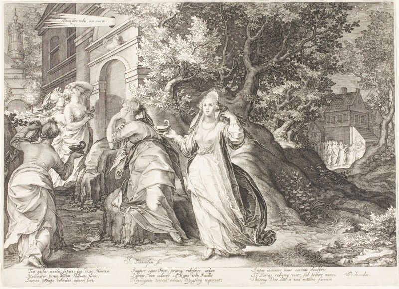 Plate Five, from Five Wise and Five Foolish Virgins, 1606, Jan Saenredam, Netherlandish, 1565-1607, Netherlands, Engraving on paper, 265 x 368 mm (sheet, trimmed to platemark)