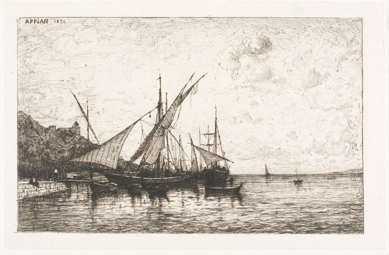 The Port of Monaco, 1873, Adolphe Appian, French, 1818-1898, France, Etching on ivory chine applied to white wove paper, 132 × 211 mm (image), 151 × 232 mm (chine collé), 362 × 520 mm (sheet)