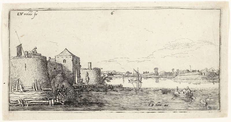 Ten Landscapes: Walled River Town to the Left of a River, 1615/16, Esaias van de Velde I, Dutch, c. 1587-1630, Holland, Engraving in black on ivory laid paper, 87 x 177 mm (image/plate), 97 x 187 mm (sheet)