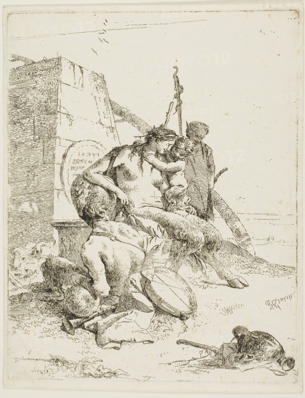 Satyr Family with the Obelisk, from Scherzi, 1735–40, Giambattista Tiepolo, Italian, 1696-1770, Italy, Etching on paper, 225 x 175 mm (plate), 234 x 182 mm (sheet)