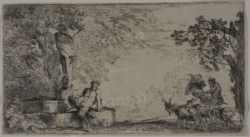 Satyr Resting beneath a Herm, 1645–47, Giovanni Benedetto Castiglione, Italian, 1609-1664, Italy, Etching on paper, 118 x 213 mm (sheet)
