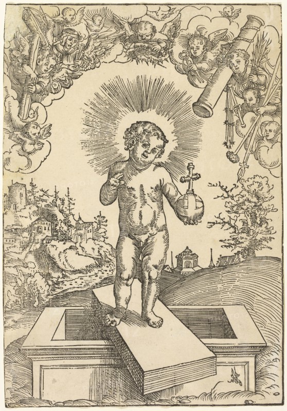 The Infant Christ as Redeemer, c. 1515, Lucas Cranach the Elder, German, 1472-1553, Germany, Woodcut in black on tan laid paper, 245 x 170 mm (image/block/sheet)