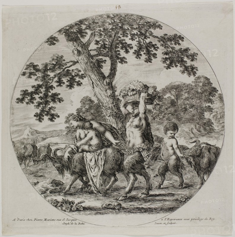 Satyr Family Walking, c. 1657, Stefano della Bella, Italian, 1610-1664, Italy, Etching on ivory laid paper, 221 x 222 mm (plate), 237 x 237 mm (sheet)