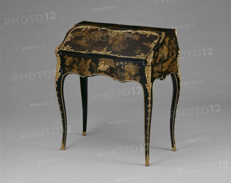 Slant-Front Desk, 1745/49, Paris, France, Jacques Dubois (French, 1694–1763), France, Oak, pine, mahogany, kingwood, lacquer decoration, gilt bronze, leather, pewter, and iron, 92 × 78.2 × 46 cm (36 1/4 × 30 3/4 × 16 1/8 in.)