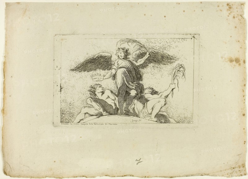 Angel Holding a Palm and a Crown, 1764, Jean Honoré Fragonard (French, 1732-1806), after Annibale Carracci (Italian, 1560–1609), France, Etching on ivory laid paper, 82 × 128 mm (image), 90 × 140 mm (plate), 167 × 234 mm (sheet)