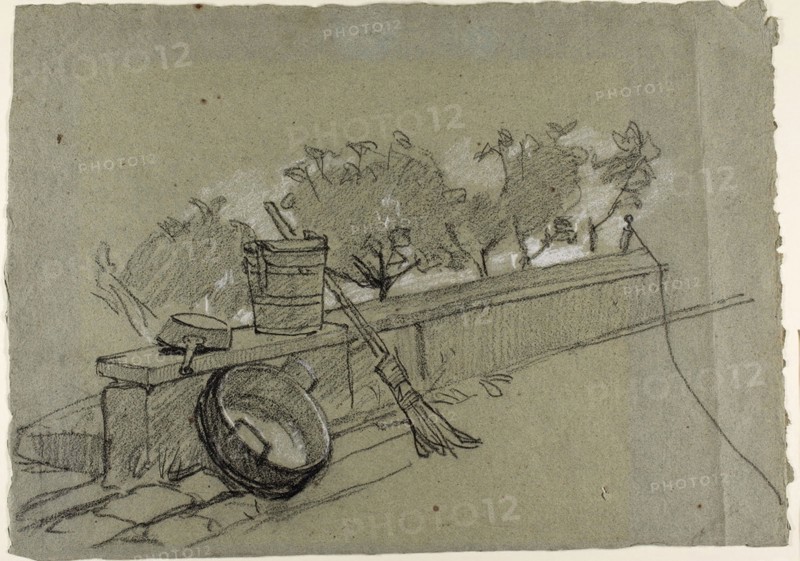 Objects on Wall, study for Couture, The Bird-Catcher, c. 1857, Thomas Couture, French, 1815-1879, France, Black chalk, heightened with white chalk, on blue laid paper, 323 × 457 mm