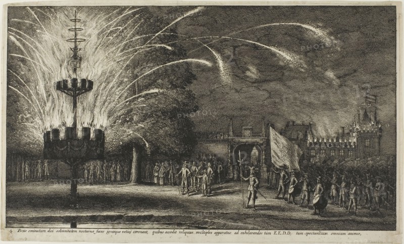 Fireworks at Hemissem, c. 1650, Wenceslaus Hollar, Czech, 1607-1677, Bohemia, Etching on ivory laid paper, 249 × 414 mm