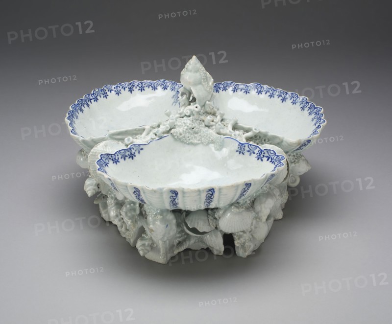 Sweetmeat Dish, c. 1750, Bow Porcelain Factory, London, England, 1744-1775, Bow, Soft-paste porcelain with blue enamel, 15.7 × 22.2 × 21 cm (6 1/16 × 8 3/4 × 8 1/4 in.)
