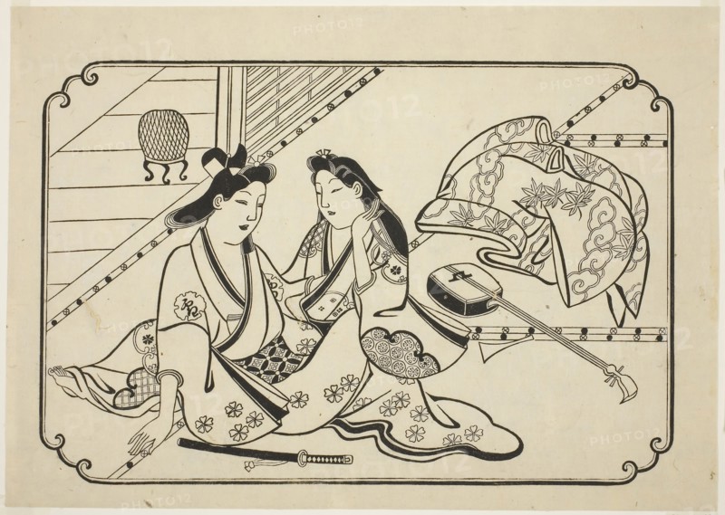 After a little music, from an untitled series of 12 erotic prints, c. 1673/81, Attributed to Hishikawa Moronobu, Japanese, (?)-1694, Japan, Woodblock print, oban, sumizuri-e, 27.2 x 38.3 cm