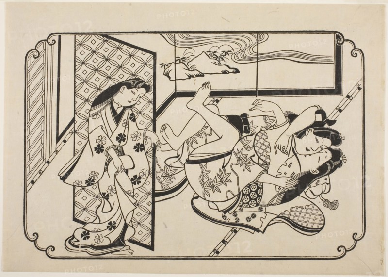A Courtesan with Her Client, the first sheet of an untitled erotic picture album, c. 1673/81, Hishikawa Moronobu, Japanese, (?)-1694, Japan, Woodblock print, sumizuri-e, oban yoko-e, 27.2 x 38.3 cm