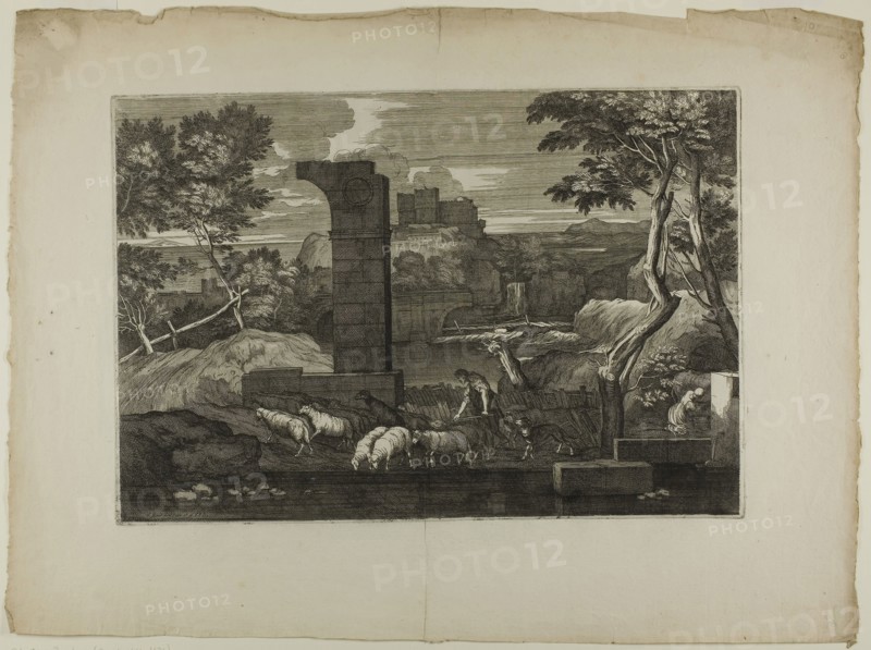 Landscape with a Shepherd and His Flock, 1668–71, Sébastien Bourdon, French, 1616-1671, France, Etching on ivory laid paper, 302 × 440 mm (plate), 441 × 596 mm (sheet)